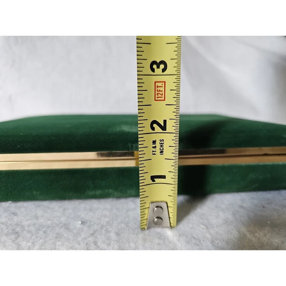Vintage Green Velvet Jewelry Box Gold Tone Trim Ring Earring Trinket Storage